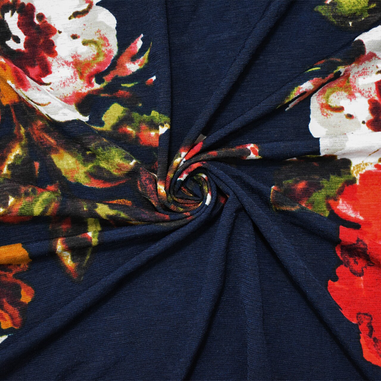 Deep Navy Blue-Multi Poly Floral Printed Onion Skin Jersey Knit Fabric By the Yard